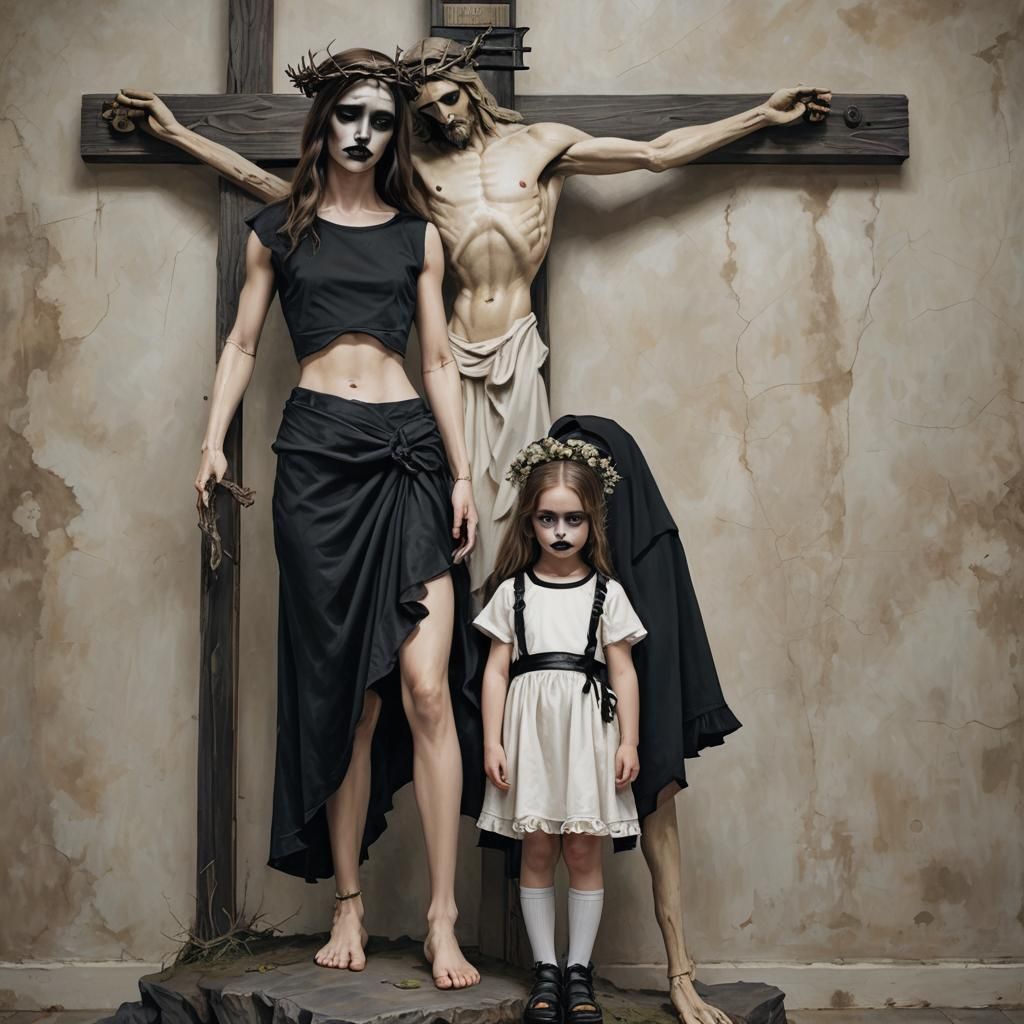 Girl Beside Jesus on Cross: Hyperrealistic Image