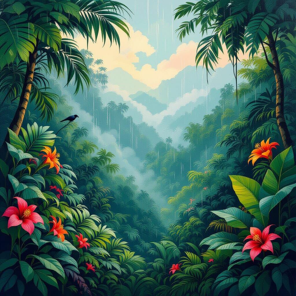 Lush Jungle Scene with Exotic Plants and Animals