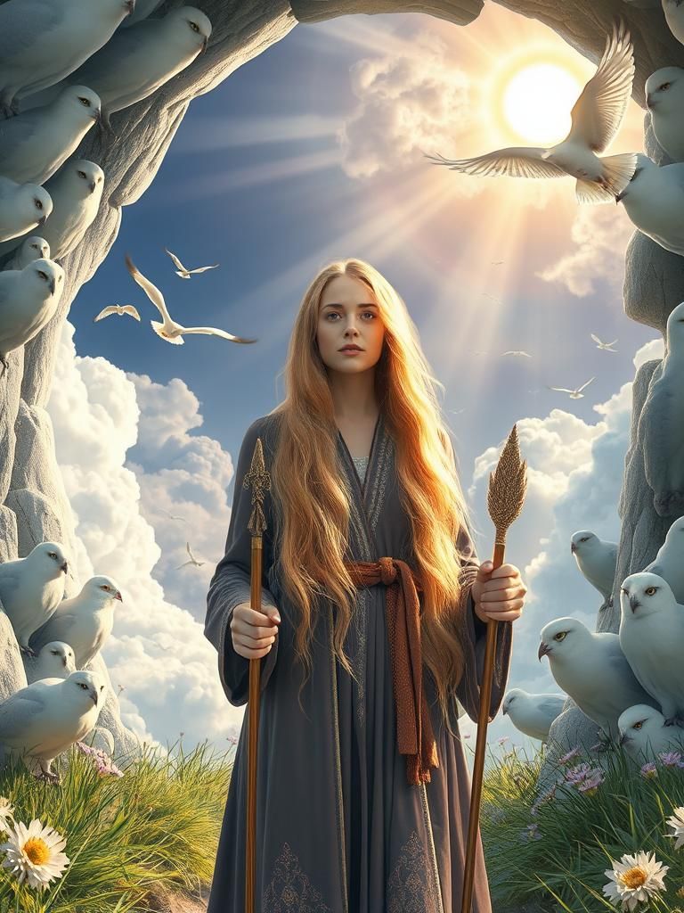 Woman in Tunnel of Light with Rainbow