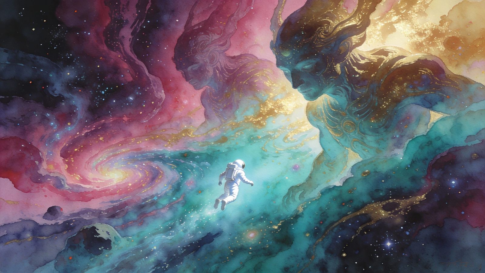 Astronaut Drifts Through Cosmic Watercolor Nebulae