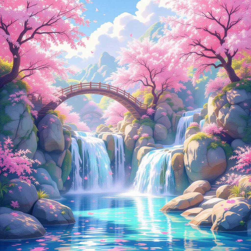 Pastel Rainbow Waterfalls in a Tender Anime Style