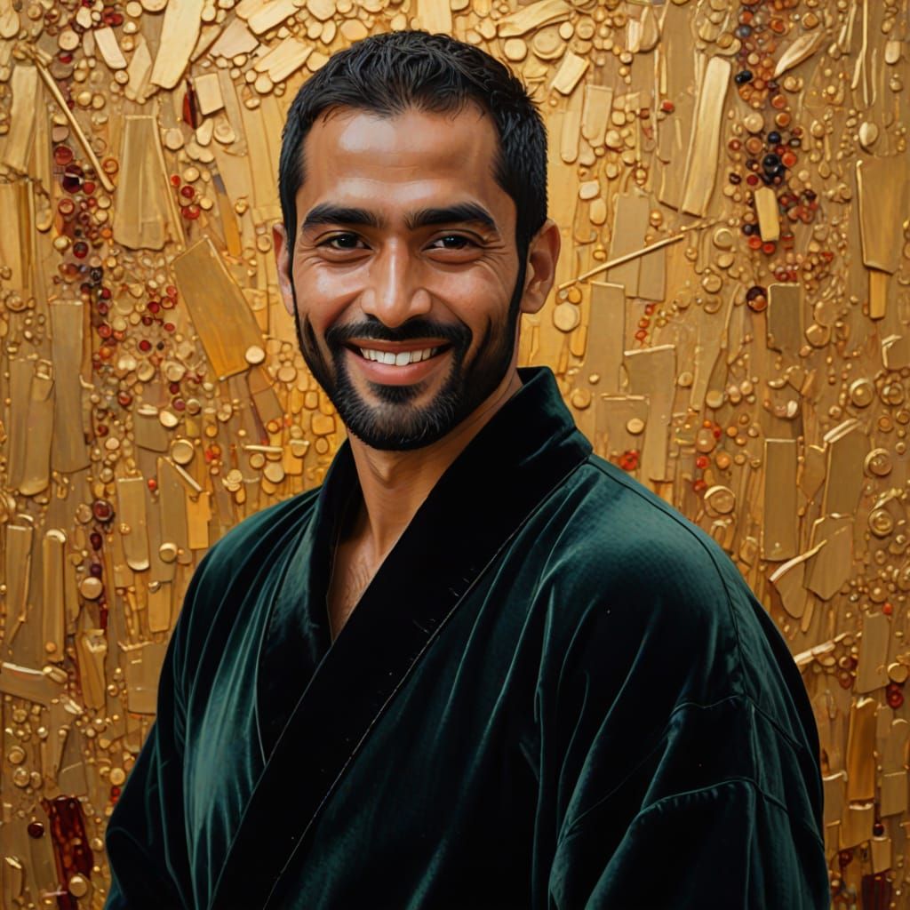 Smiling Man in Brown Velvet Robe, Klimt-Inspired
