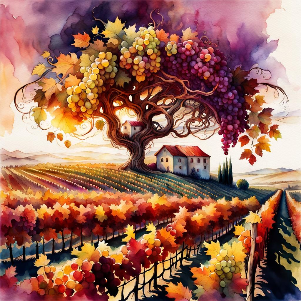 Autumn Vineyard Sunset: Digital Watercolor Illustration