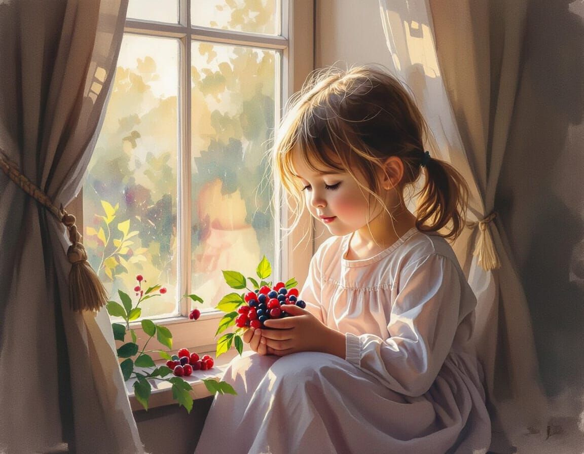 Girl by Window in Warm Afternoon Sun with Berry Bouquet