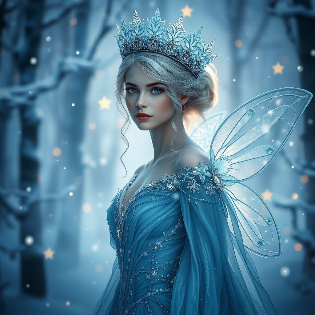 Elegant Ice Fairy Queen in Snowy Forest