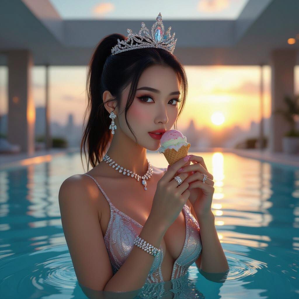Hong Kong Woman in Futuristic Jewelry at Sunset Pool