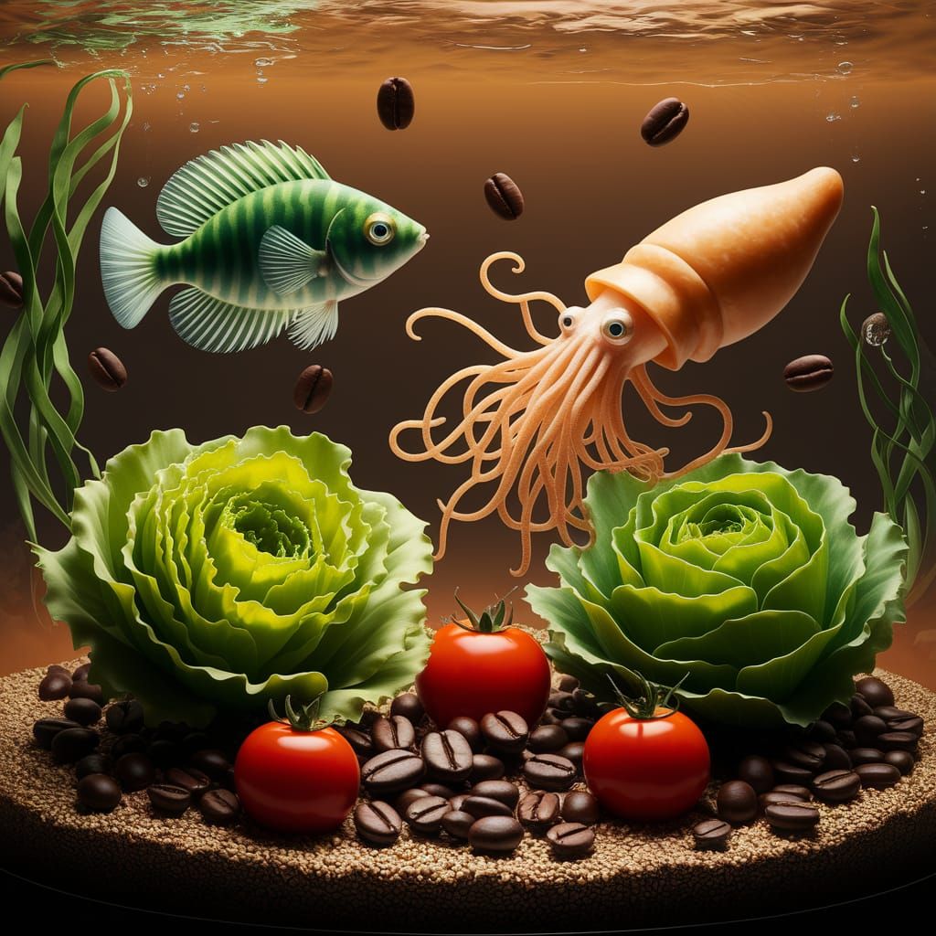 Surreal Underwater Aquarium with Food Creatures