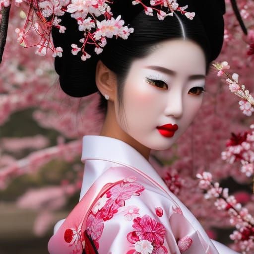 Japanese Woman in Kimono by Cherry Blossom Tree