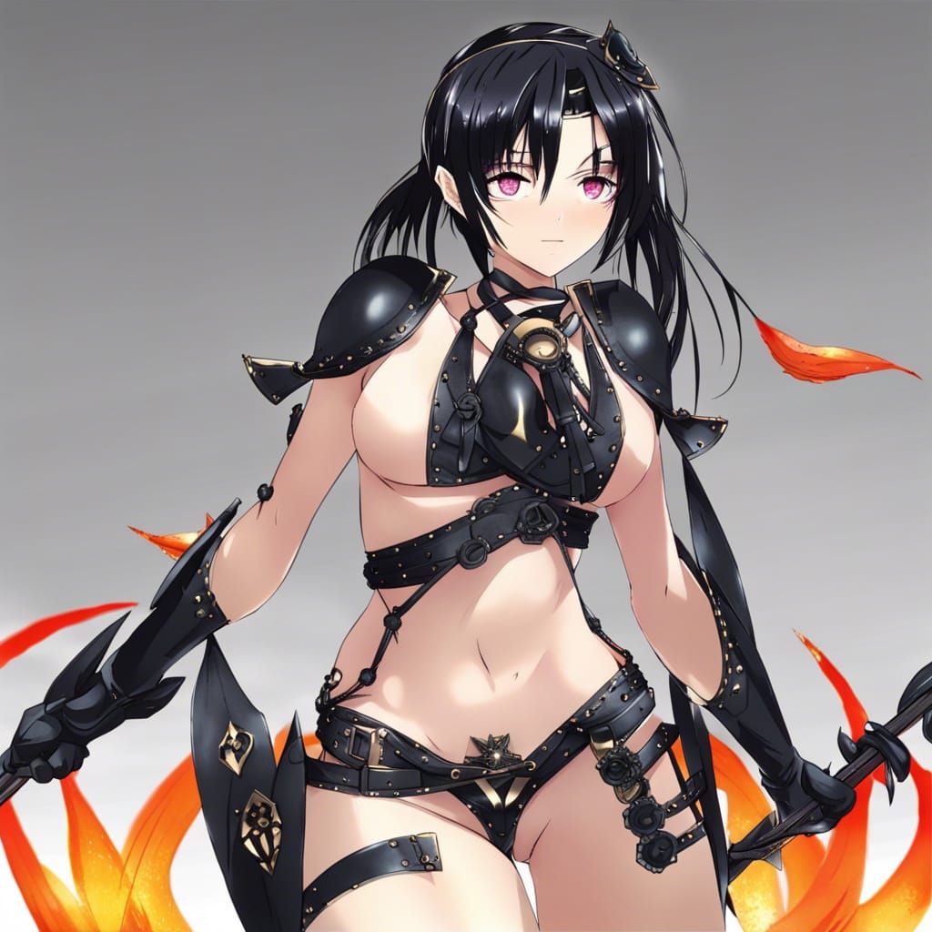 Anime-Style Maiden in Black Bikini Armor