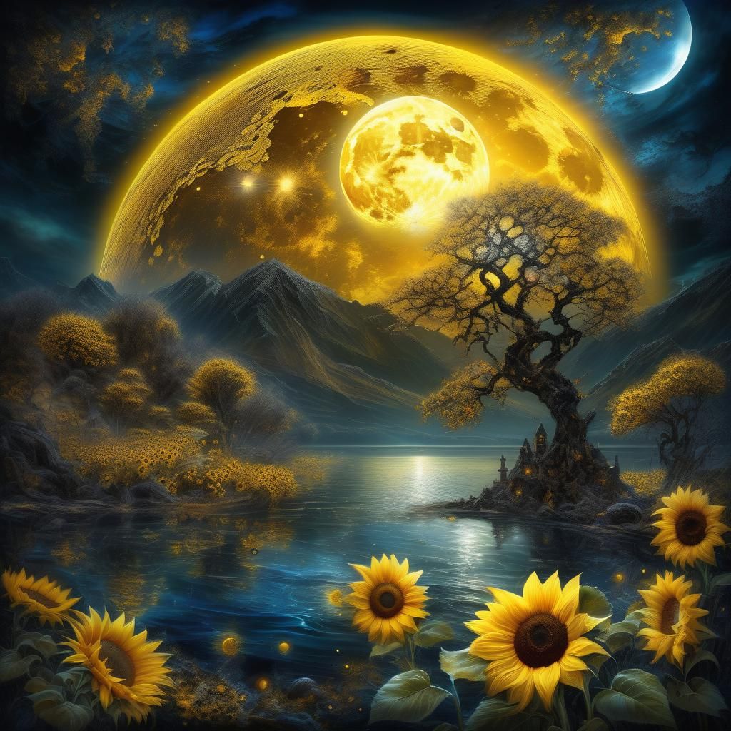 Sunflower Moon Eclipse Over Dark Lake, Gothic Fantasy Style
