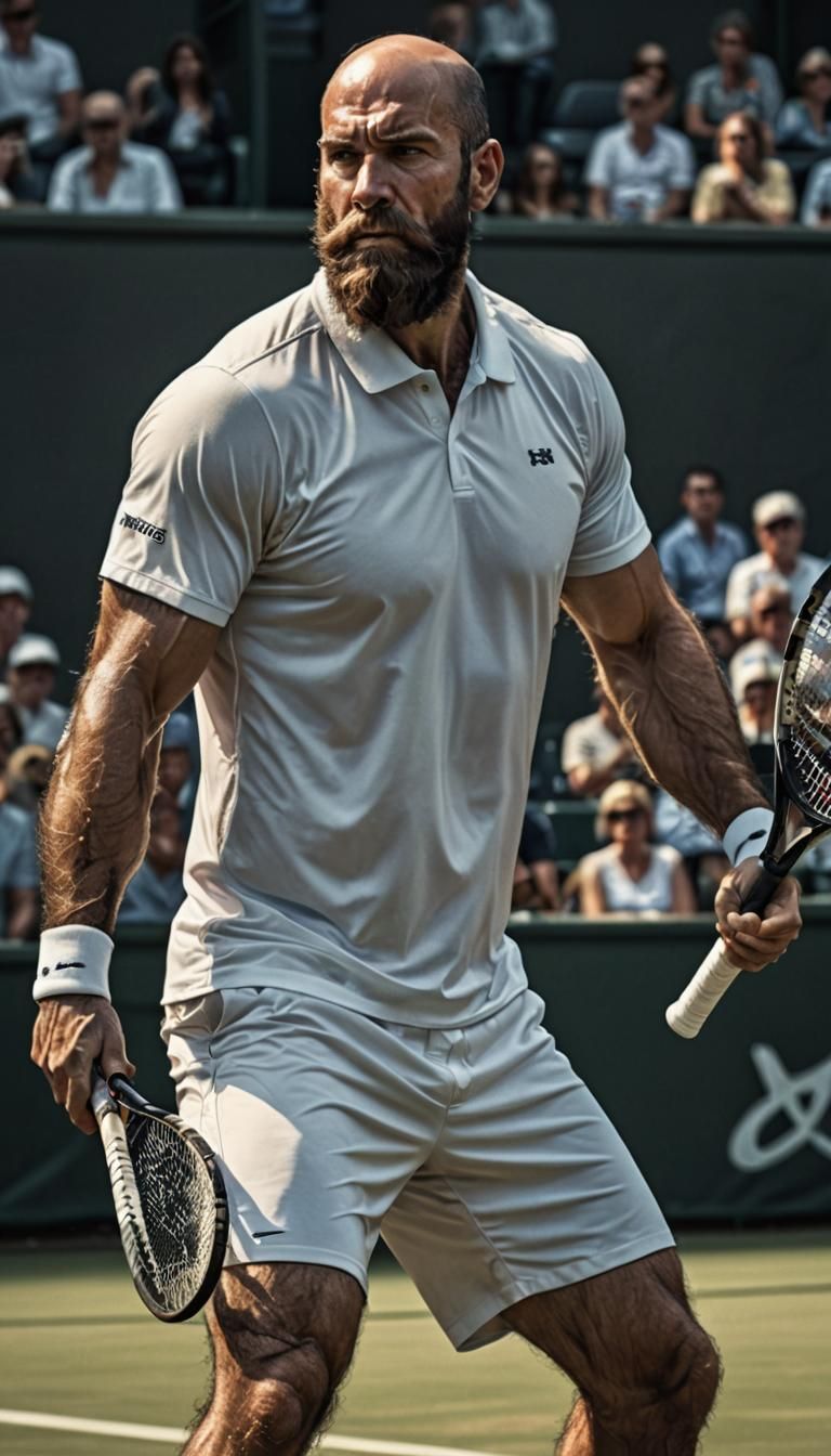 Hyperrealistic Tennis Player with Beard and Hairy Chest