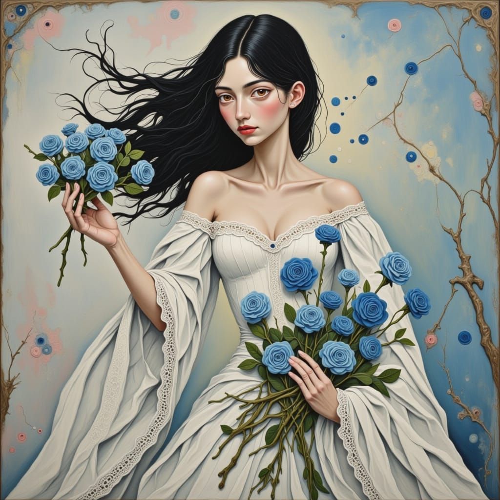 Saintly Woman with Blue Roses in Classic Portraiture