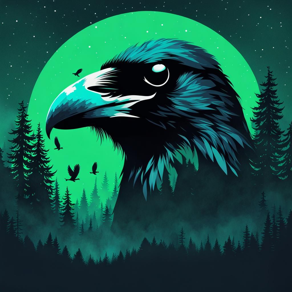 Double Exposure Crow in Colorful Night Sky