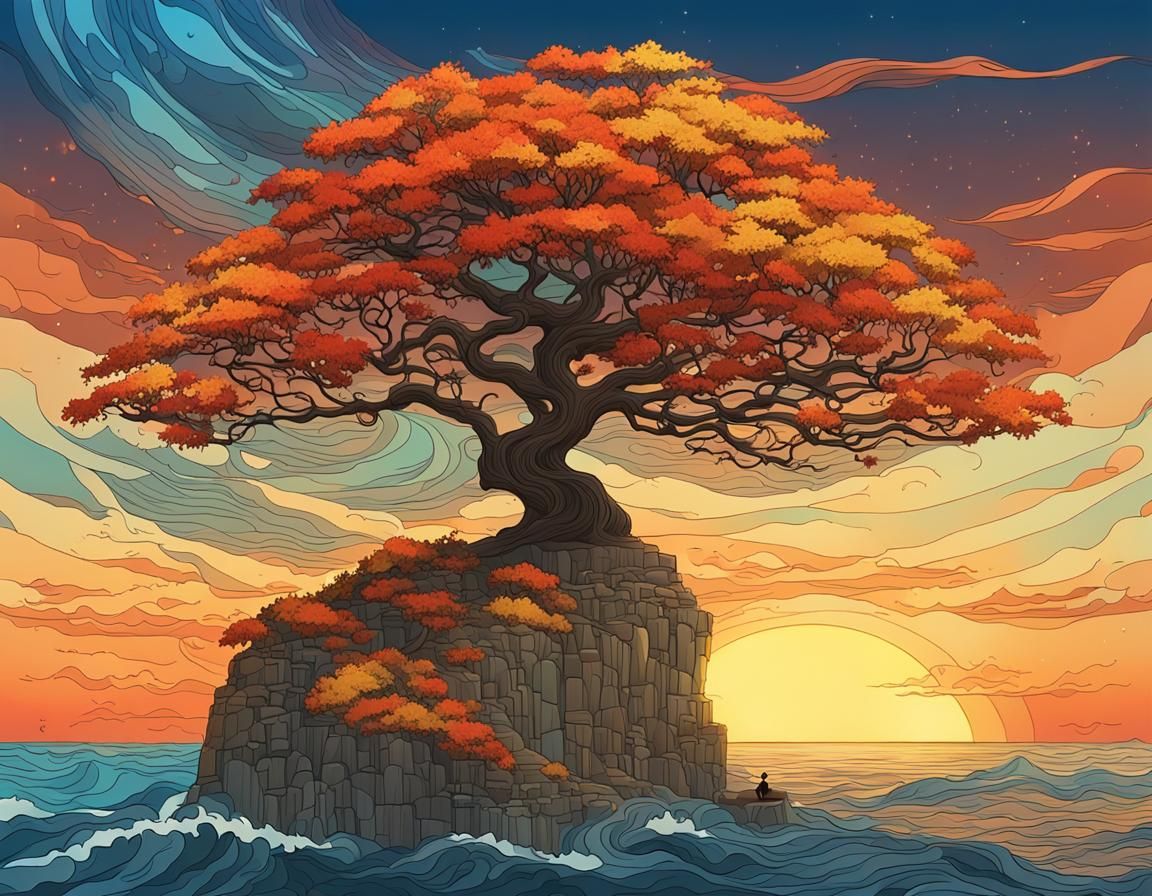 Autumn Tree Silhouette Against Iridescent Sunset