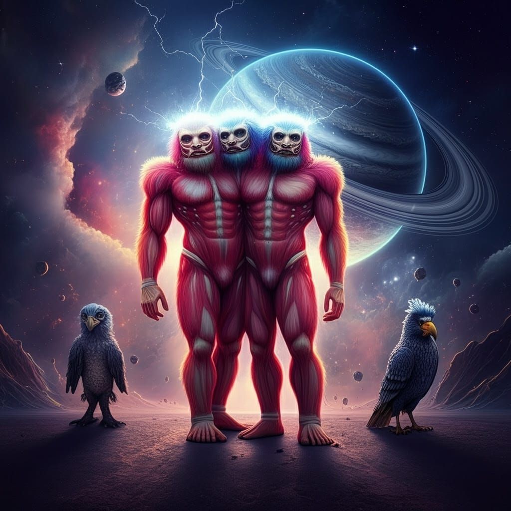 Conjoined Titan Twins in Retro-Futuristic Style