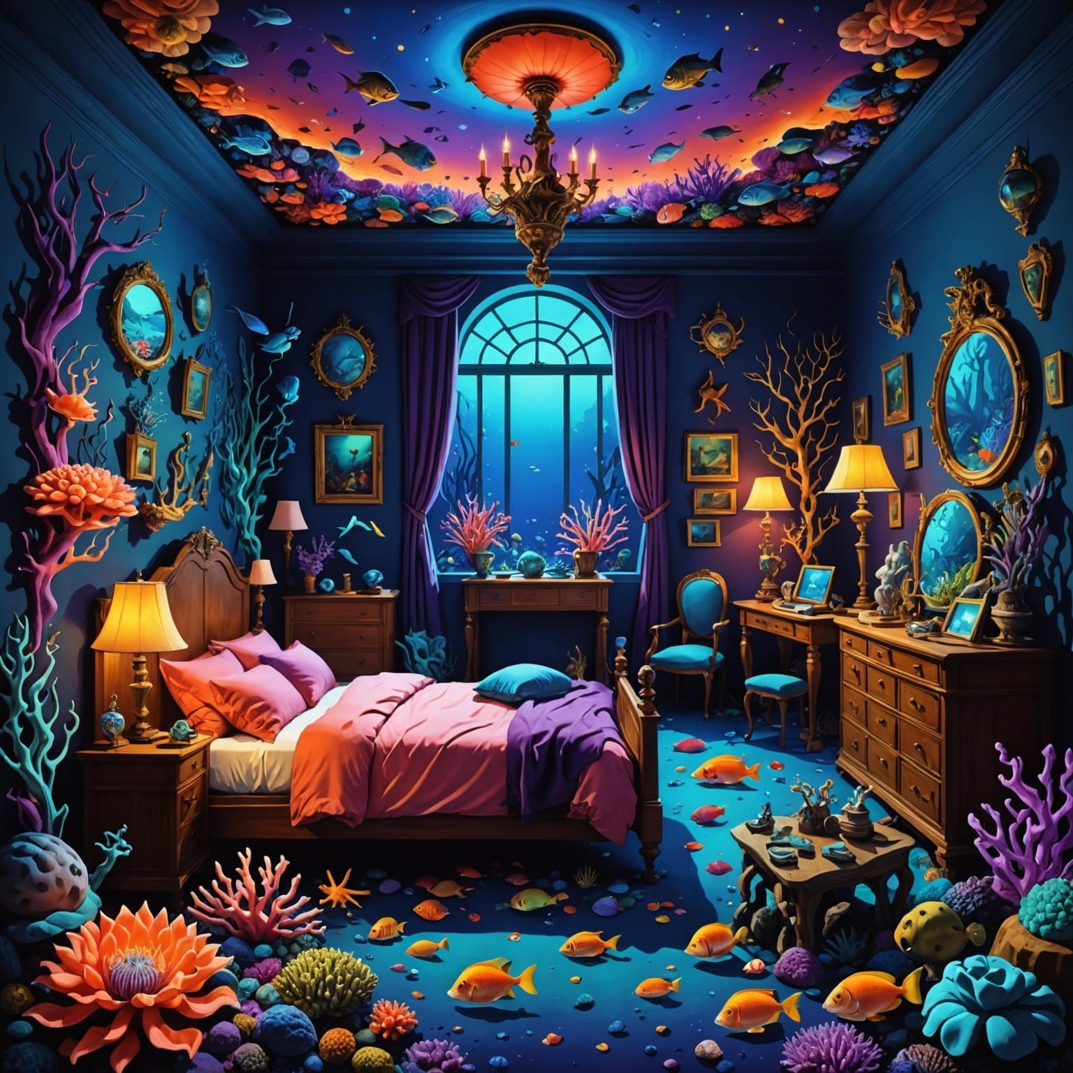 Maximalist Bedroom With Coral Reef and Sleeping Figures