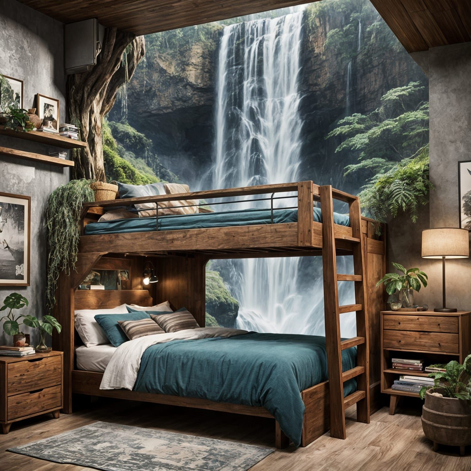 Boy Mesmerized by Waterfall Bunk Bed