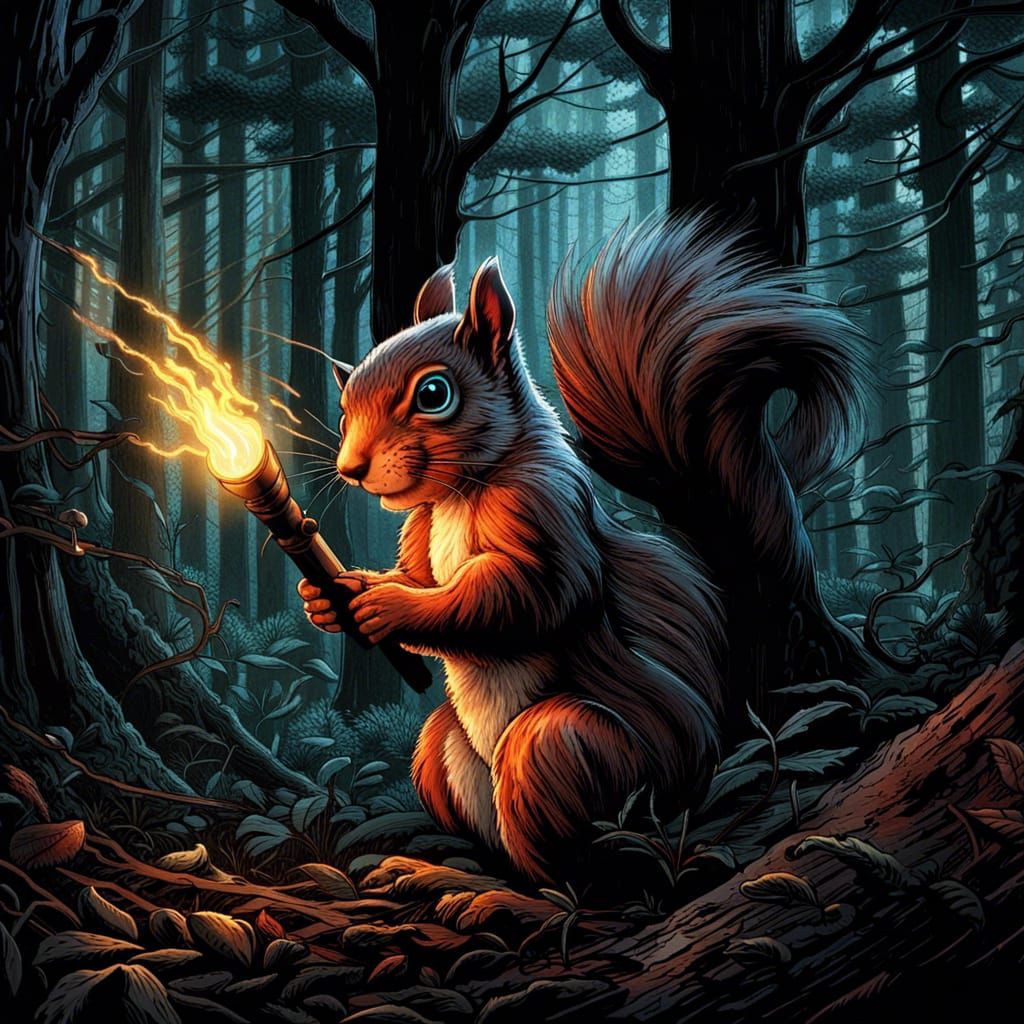 Squirrel with Torch in Dark Woods, Comic Book Art