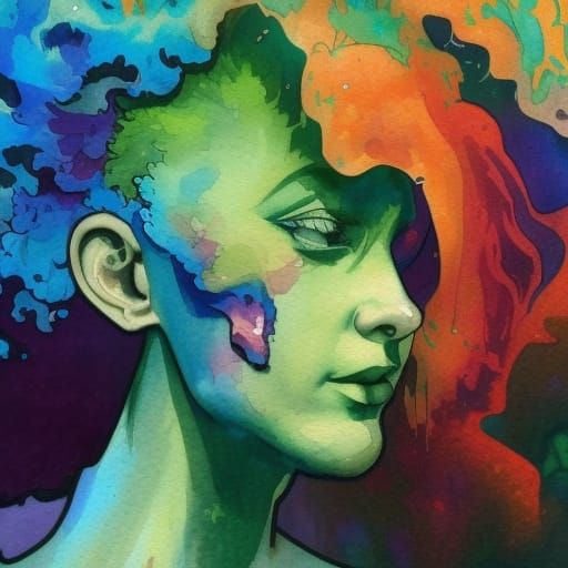 Space Dolphins Waterfall in Impressionist Watercolor