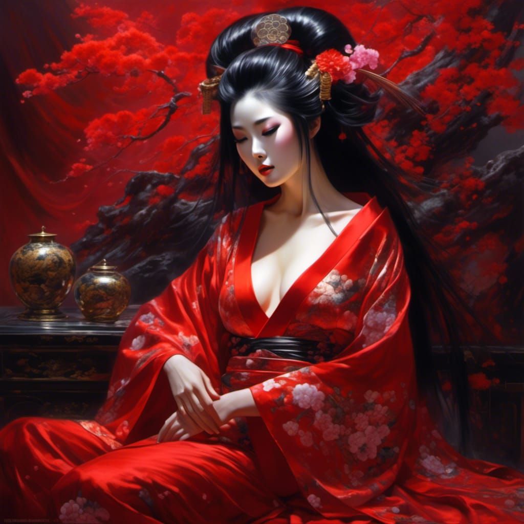 Geisha in Ecstasy: Gothic Oil Painting