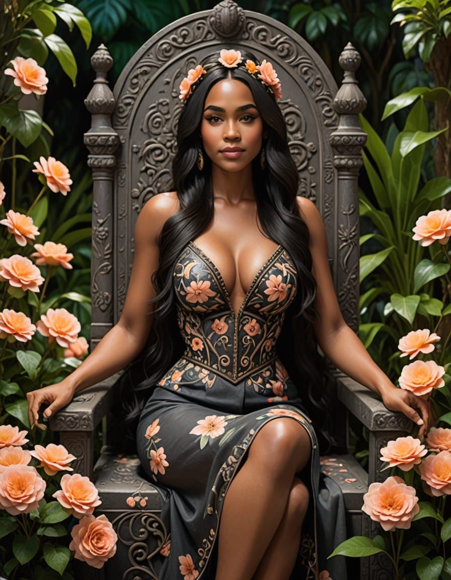 Tribal Woman on Throne in Whimsical Garden