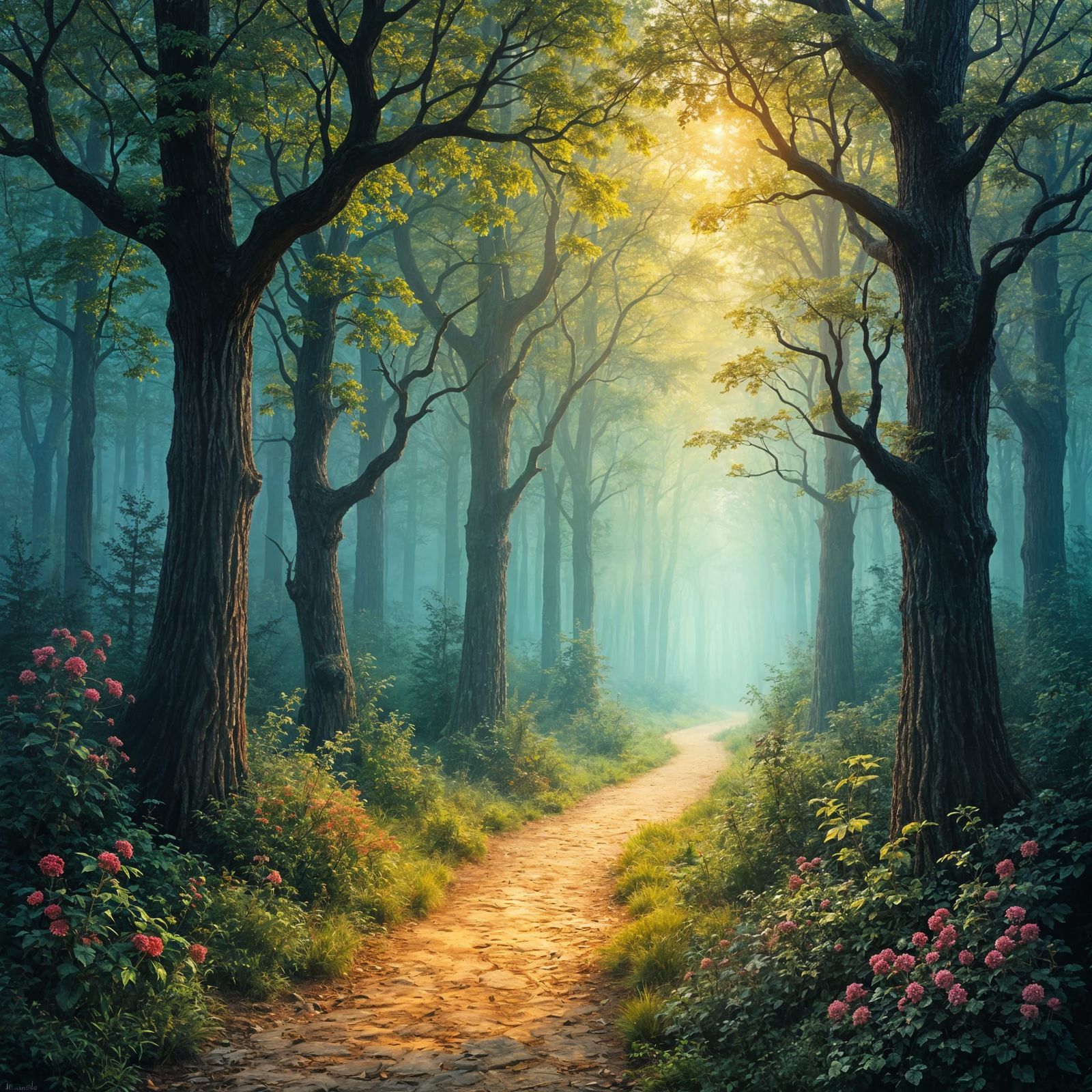 Blue and Gold Forest Landscape Fine Art Painting