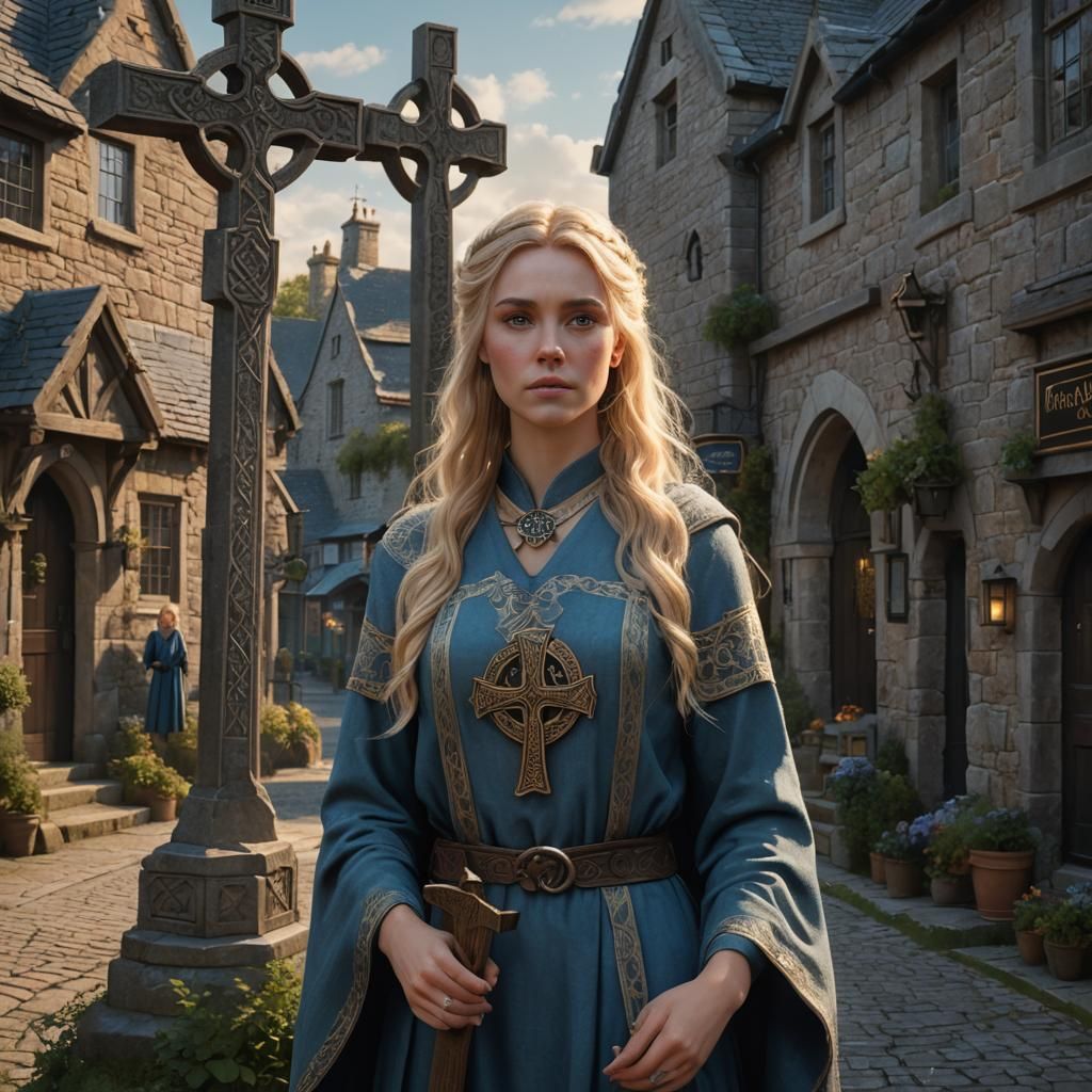 Ancient Irish Village with Celtic Cross, Digital Art