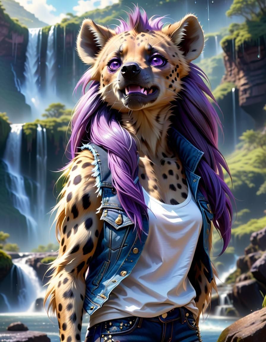 Furry She-Hyena in Awe at Epic Waterfalls