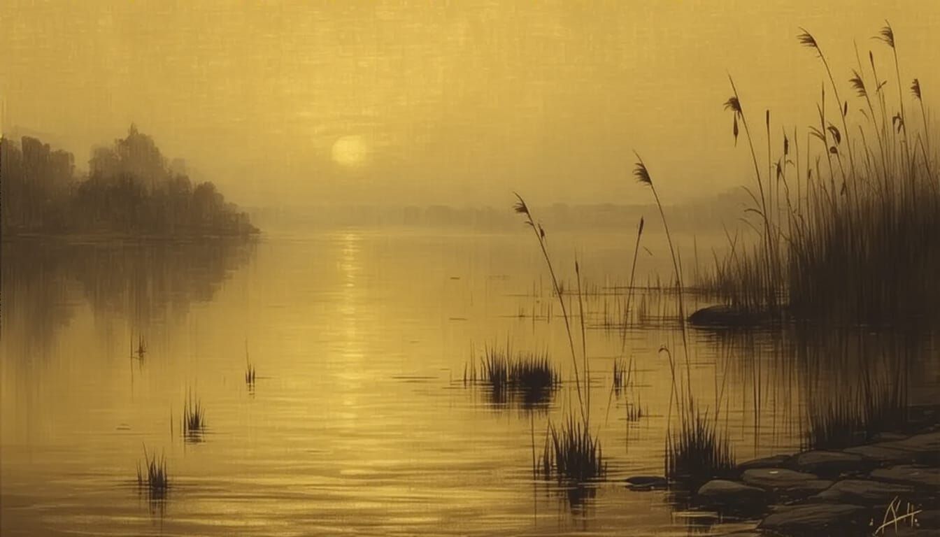 Golden Lakeshore Painting in Whistler Nocturne Style