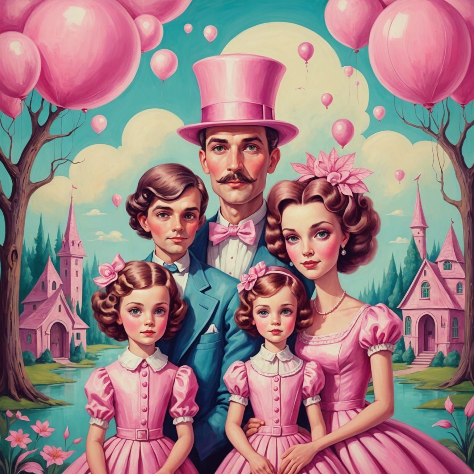 Whimsical Family in Pink Fantasy Surrealism