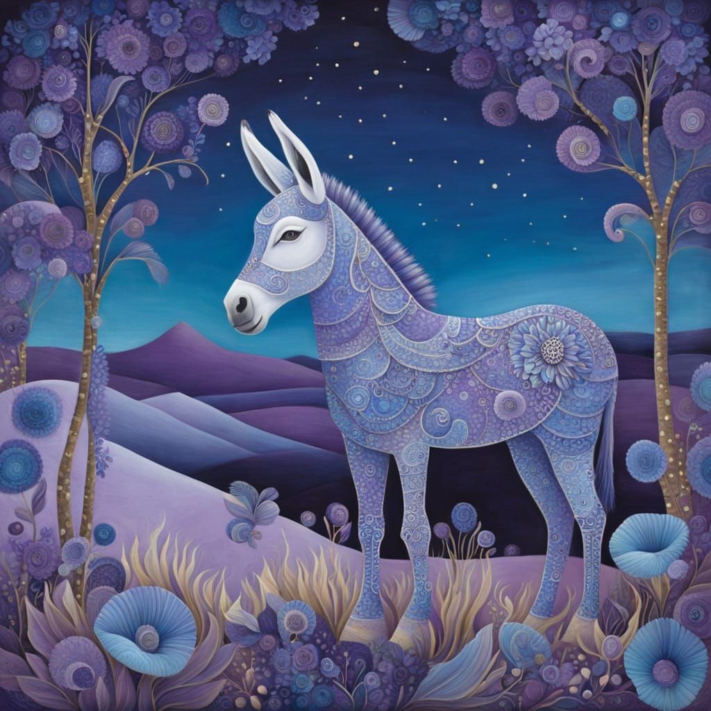 Whimsical Blue Donkey in Purple Desert Landscape