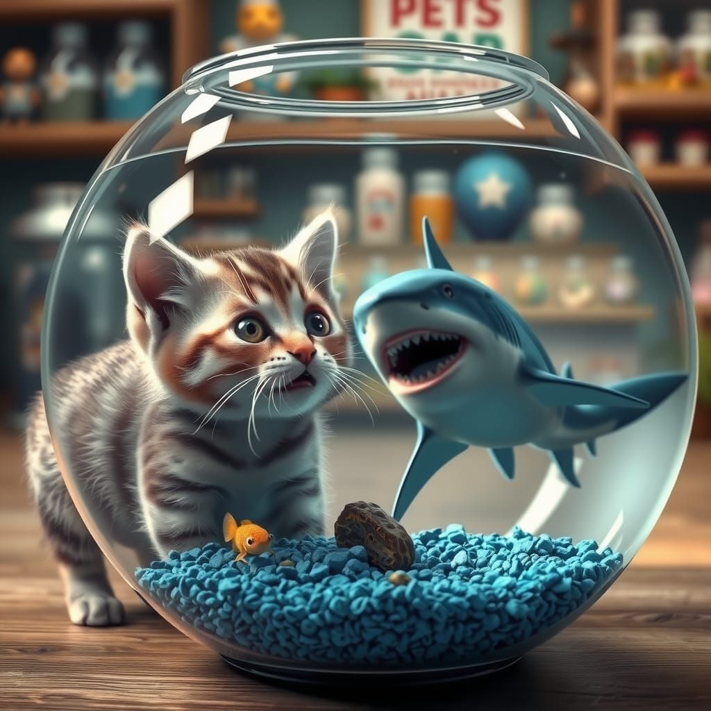 whimsical image of a surprised kitten looking at a shark in ...