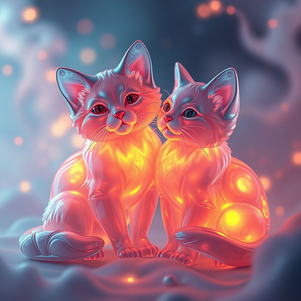 Bioluminescent Glass Cats in Love: 8k Matte Painting