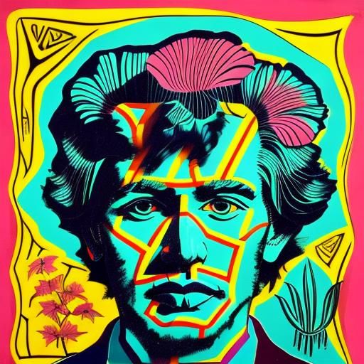 Self-Portrait: Andy Warhol, Glowing Lines, Gouache, Hibiscus...