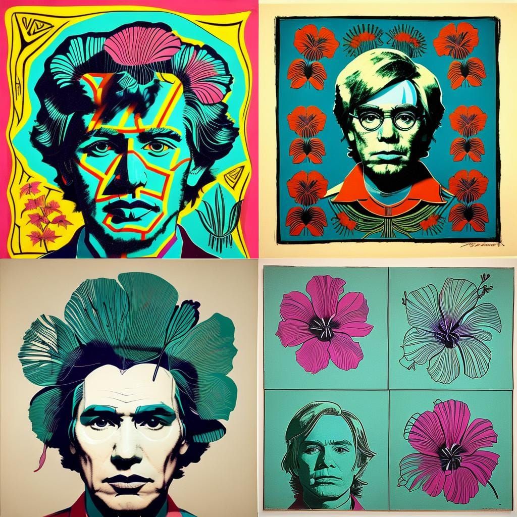 Self-Portrait: Andy Warhol, Glowing Lines, Gouache, Hibiscus...