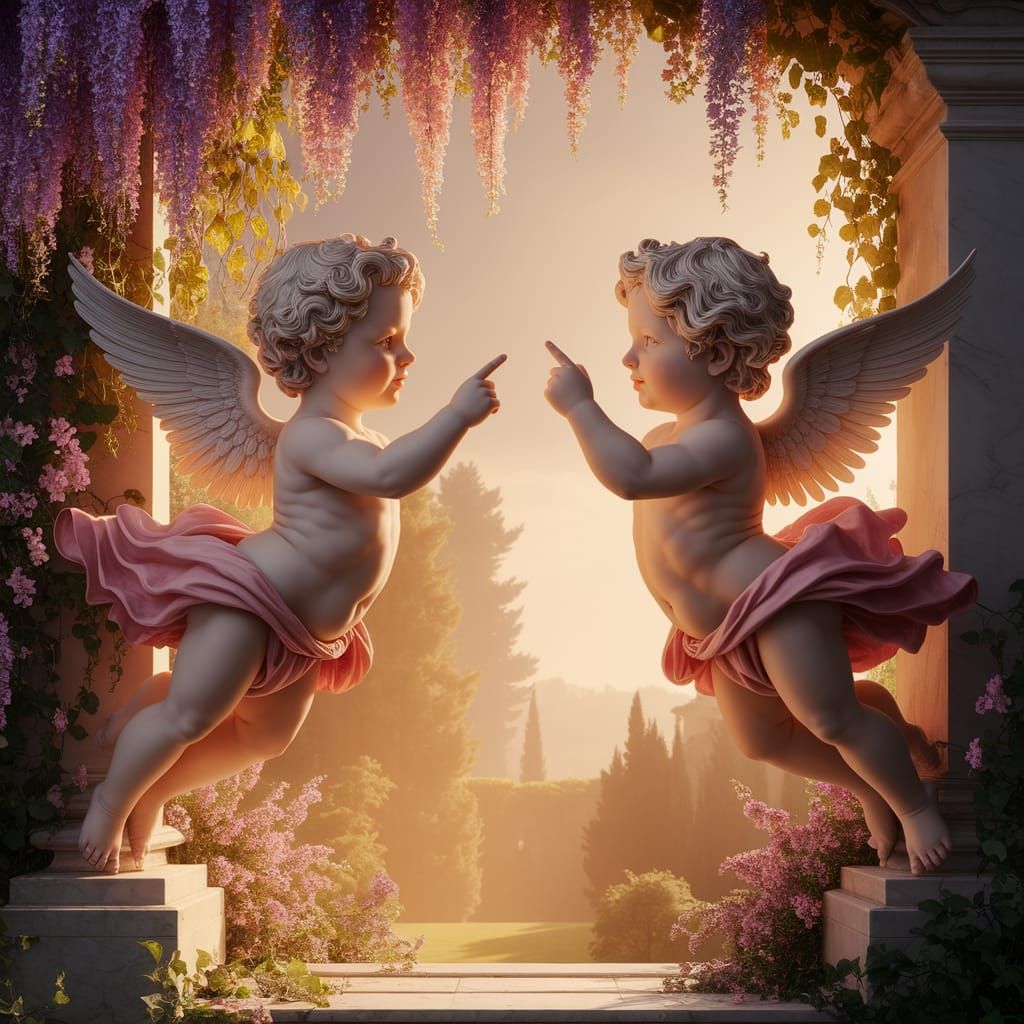 Two Cherubs Pointing Fingers in Iconic Pose