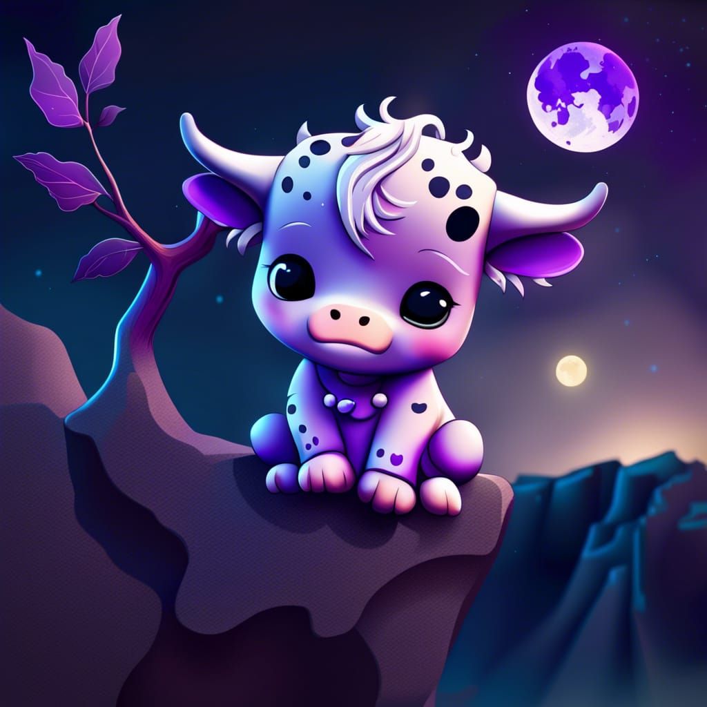 Cartoon Chibi Cow with Moon in Night Sky