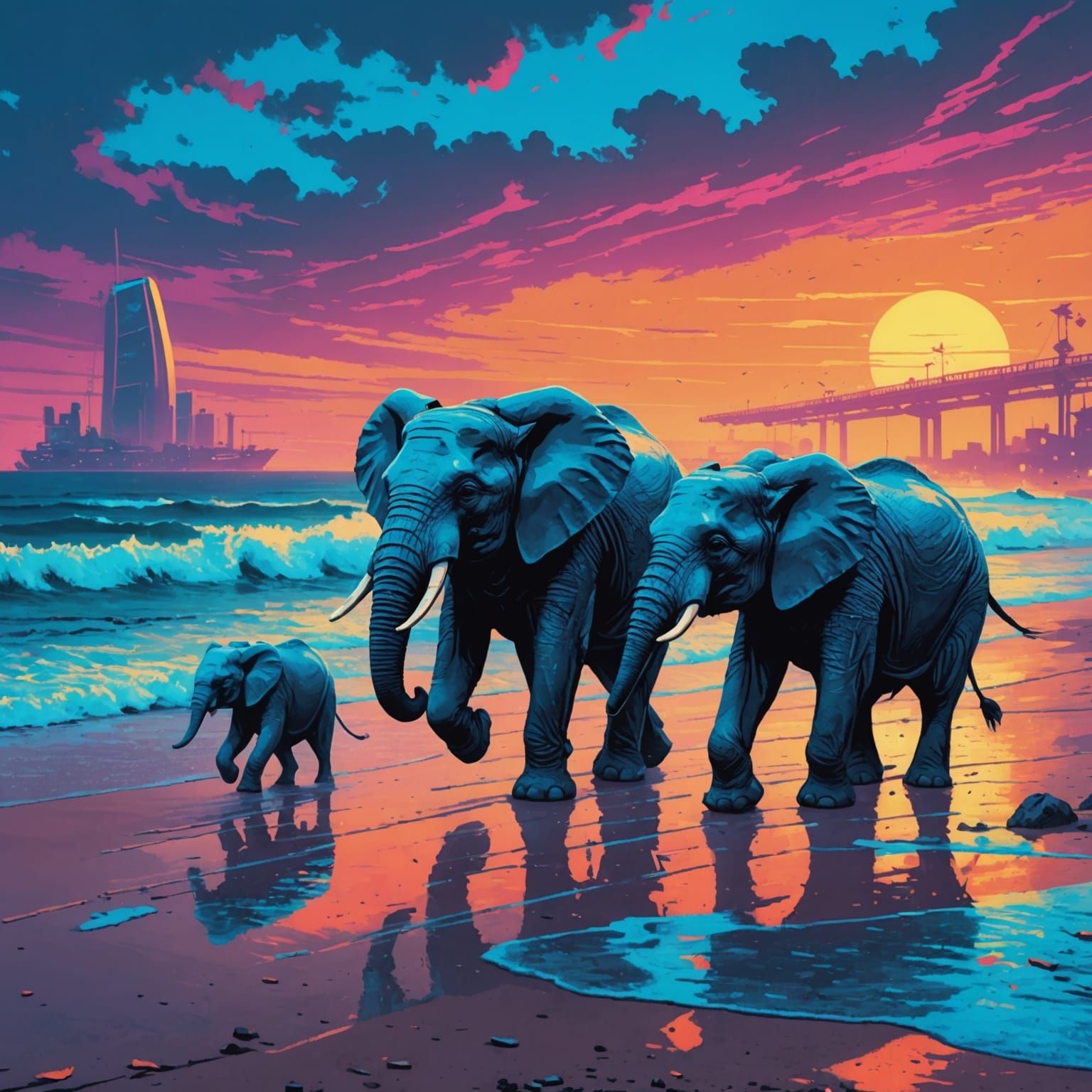 Blue Elephants Run on Cyberpunk Sunset Shore