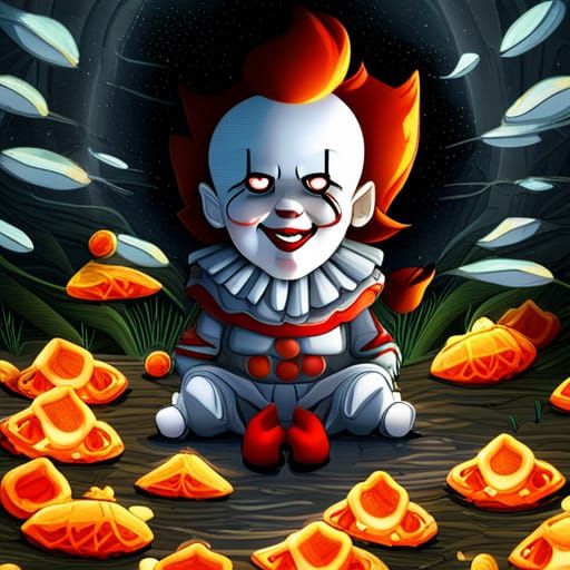 Cute, adorable, furry, baby Pennywise the clown sitting in a creek bed with koi fish, surrounded by fireflies, 3d, intri...