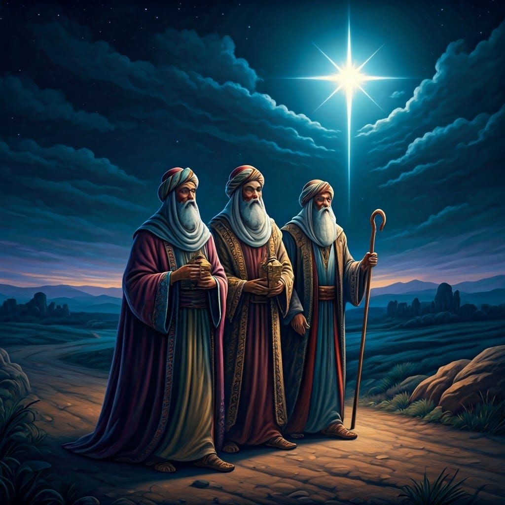 Regally Attired Wise Men Follow Holy Star Through Moonlit La...