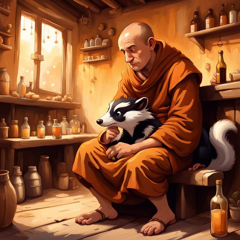 Drunk Monk and Skunk in Tavern Illustration