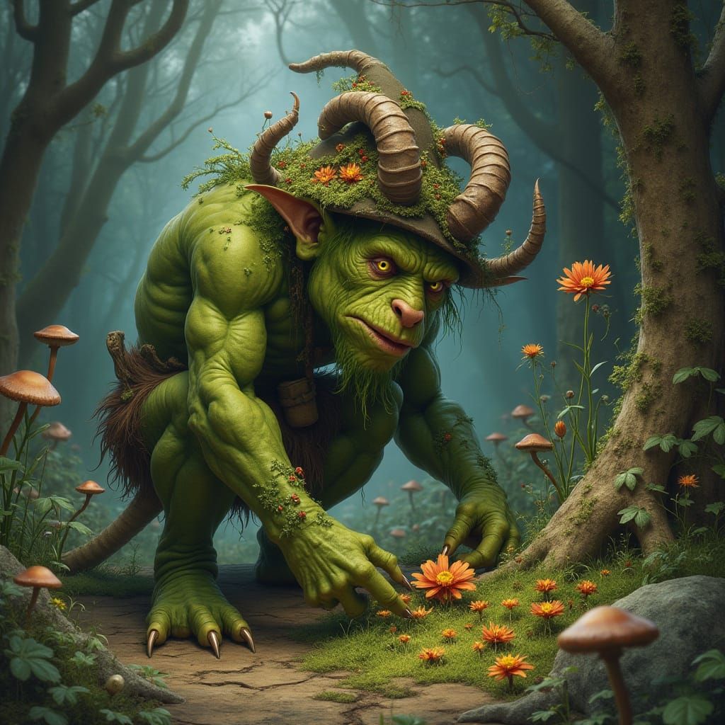 Enchanting Troll Composing Wildflower Art in Ethereal Forest
