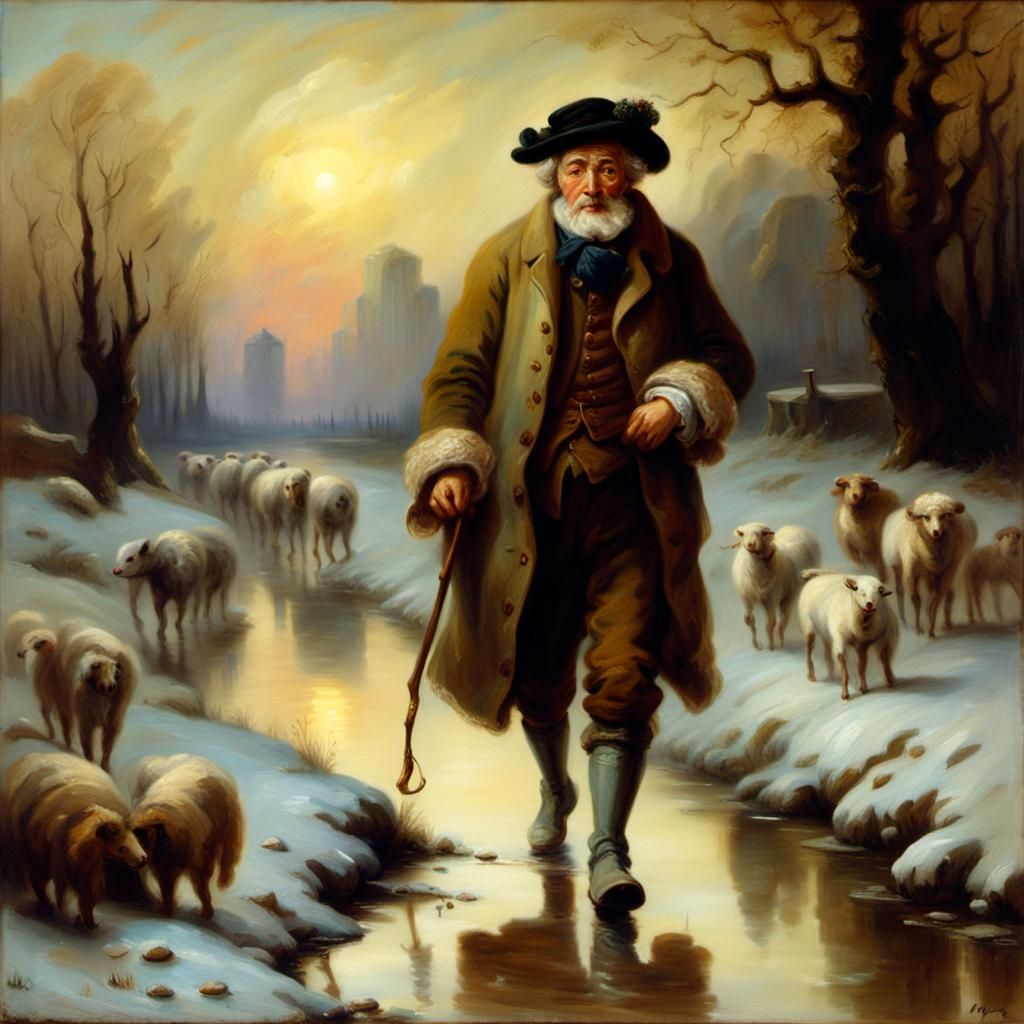 Elegant Rococo Winter Scene with an Old Man Strolling Throug...