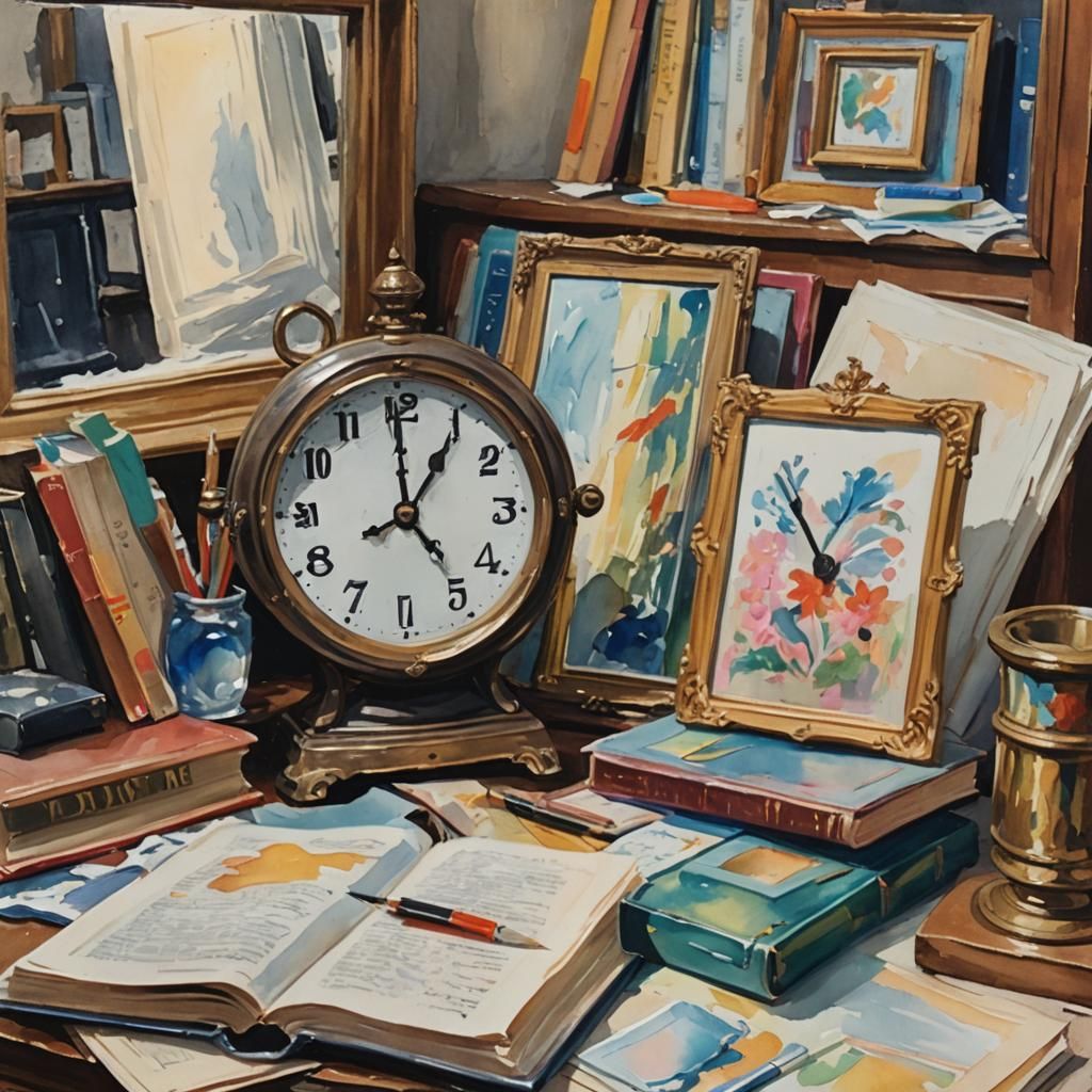 Clock, Mirror, and Book in Gouache Watercolor