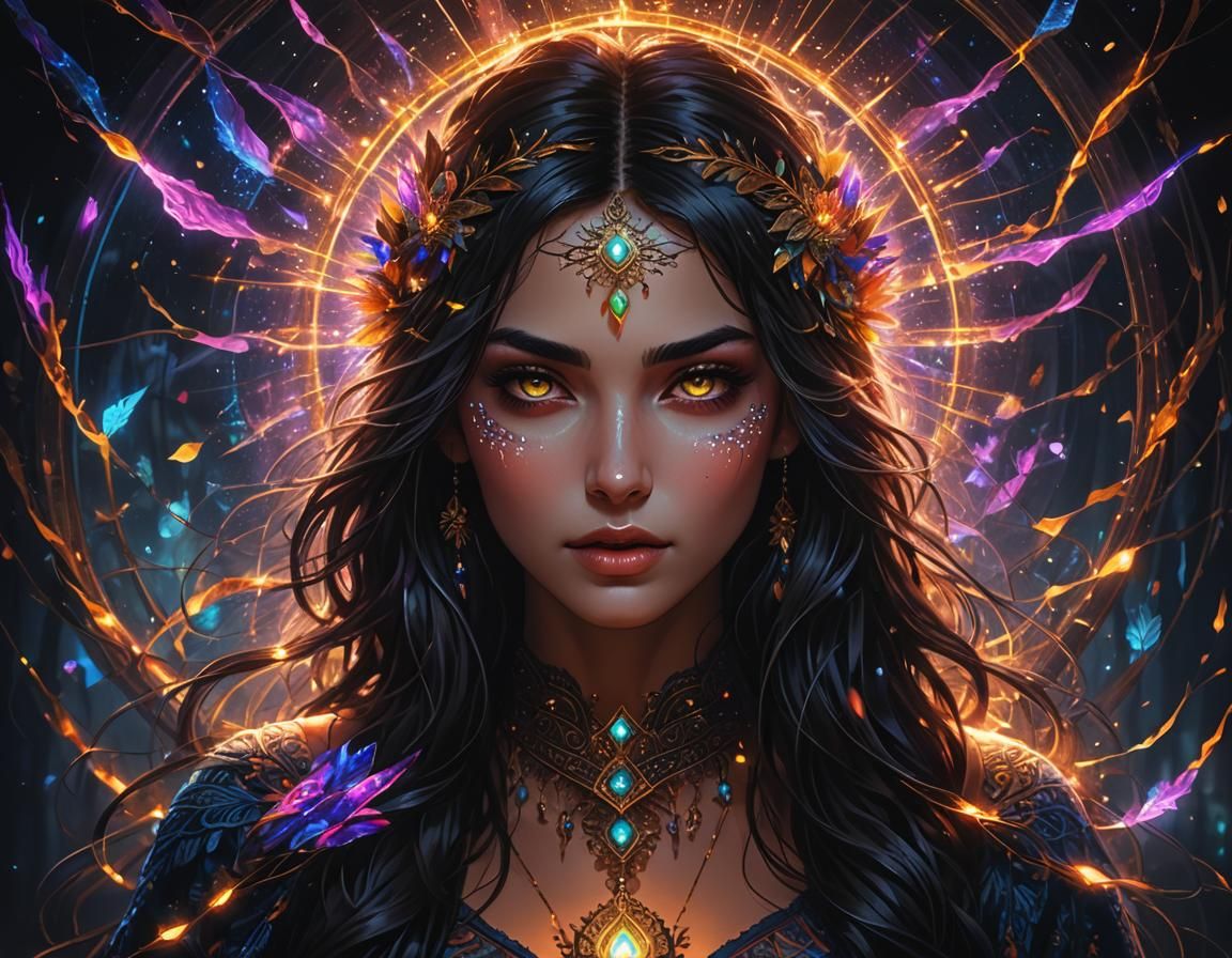 stunningly beautiful girl in the dark, glowing eyes, dark hair, skin glowing,
something mystical and majestic, magic, s...
