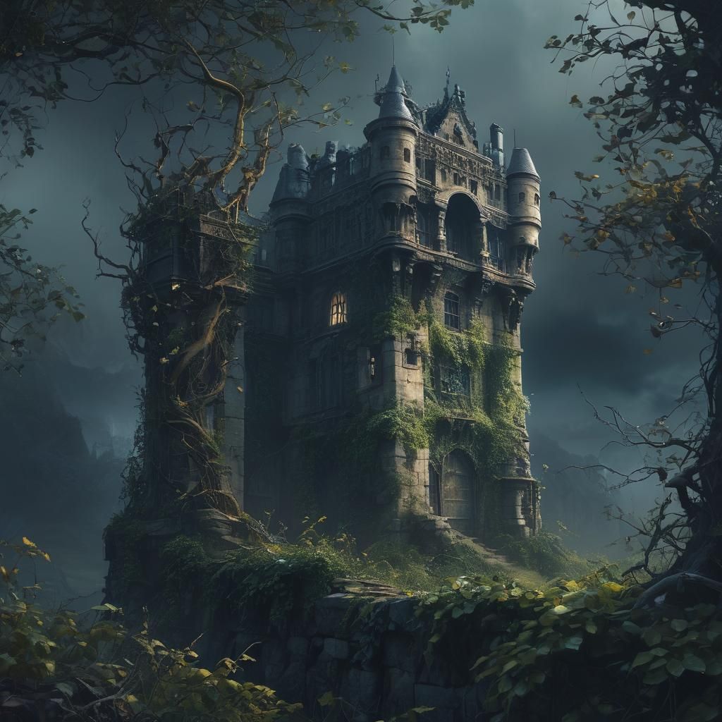 Misty Moorlands Castle in Dark Fantasy Painting