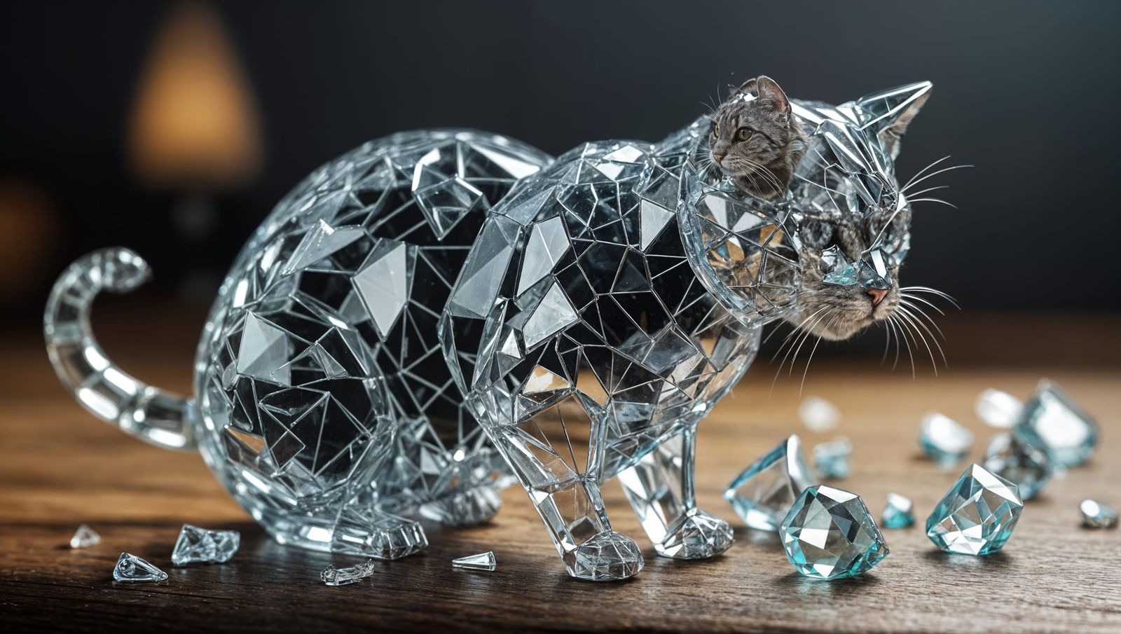 Broken Glass Cat Figurine with Realistic Mouse