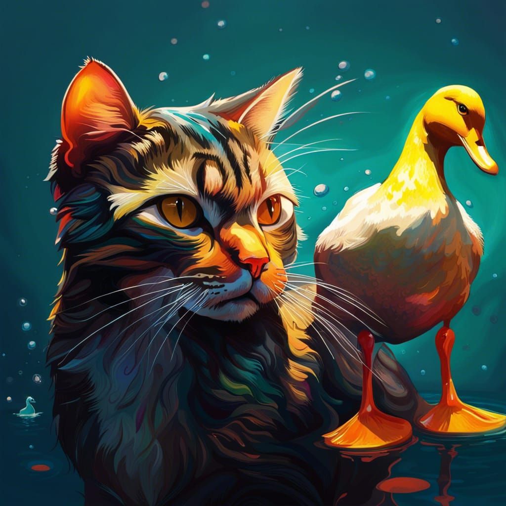Hyperrealistic Cat and Duck in Colorful Splash Art