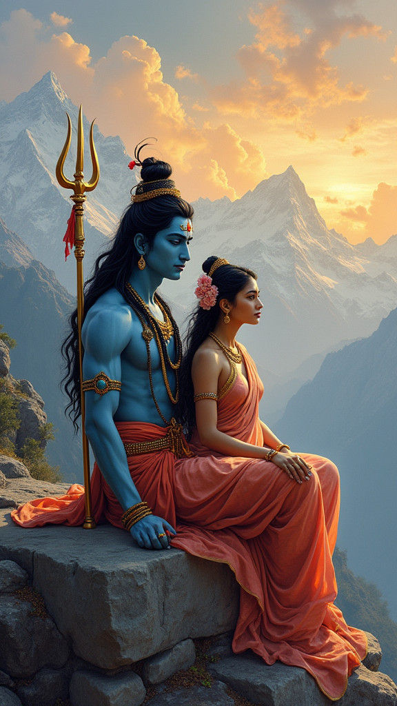 Shiva and Parvathi in the Himalayas: A Surreal Portrait