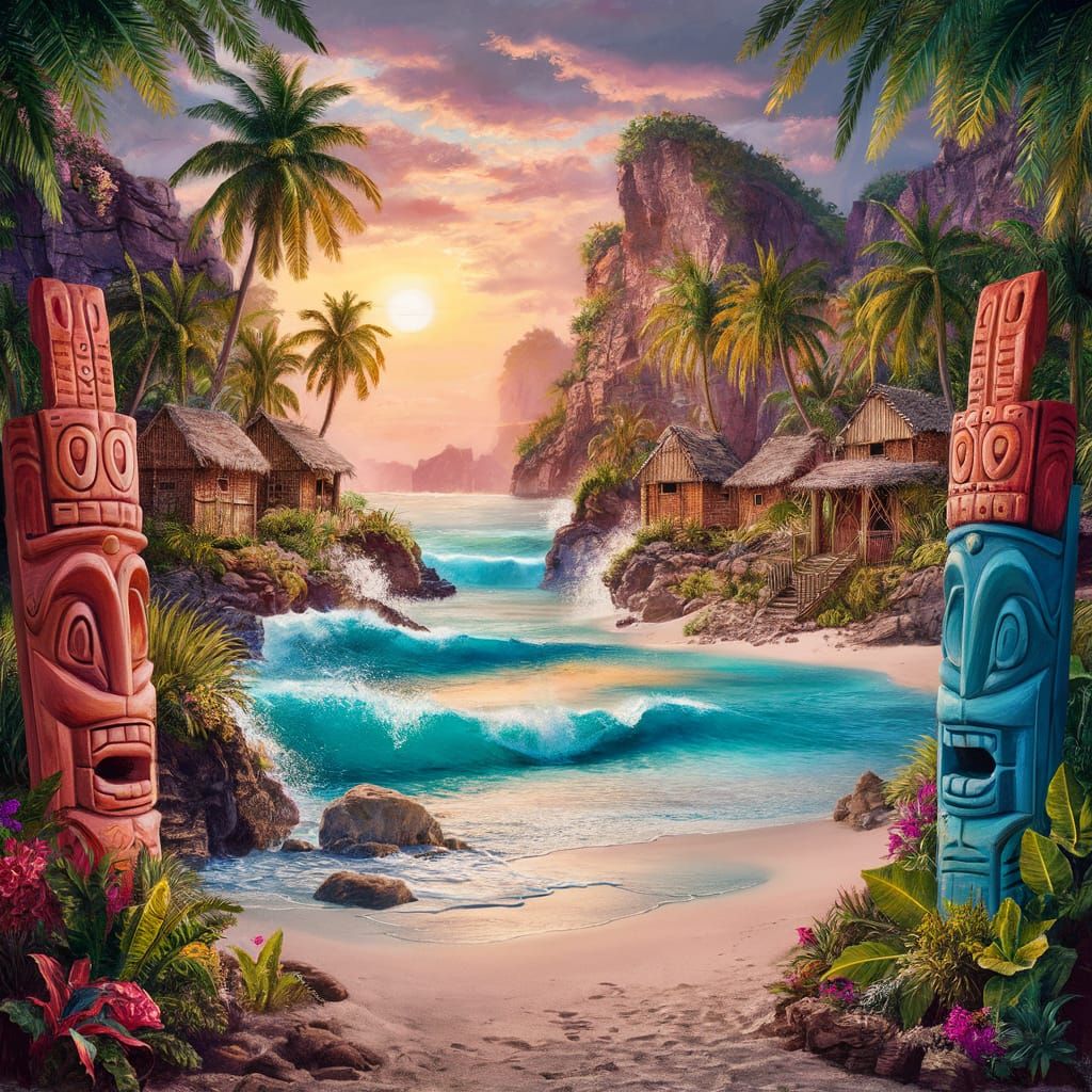 Tropical Beach Paradise with Tiki Sculptures Painting